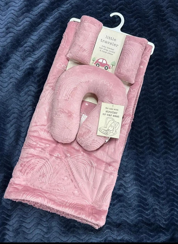 Set de viaje 3 piezas, sabana de manta, almohada, fundas para correas de cinturon color rosa