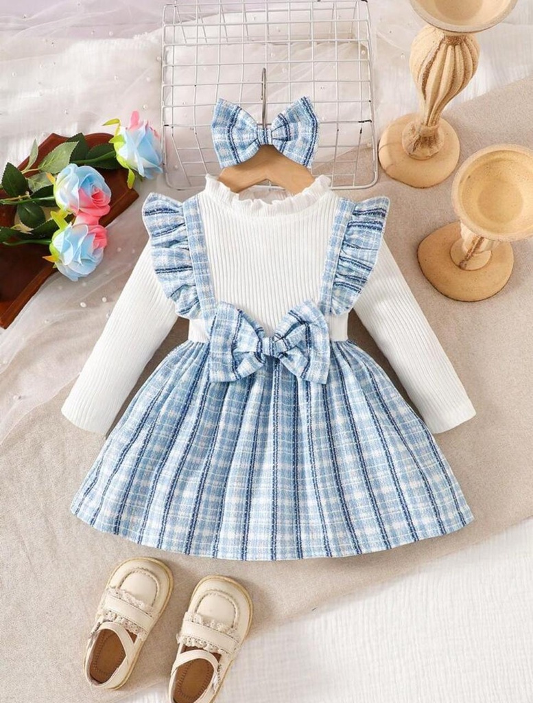 set de 2 piezas vestido azul a rayas y camisa manga larga blanca, diadema incluida. 