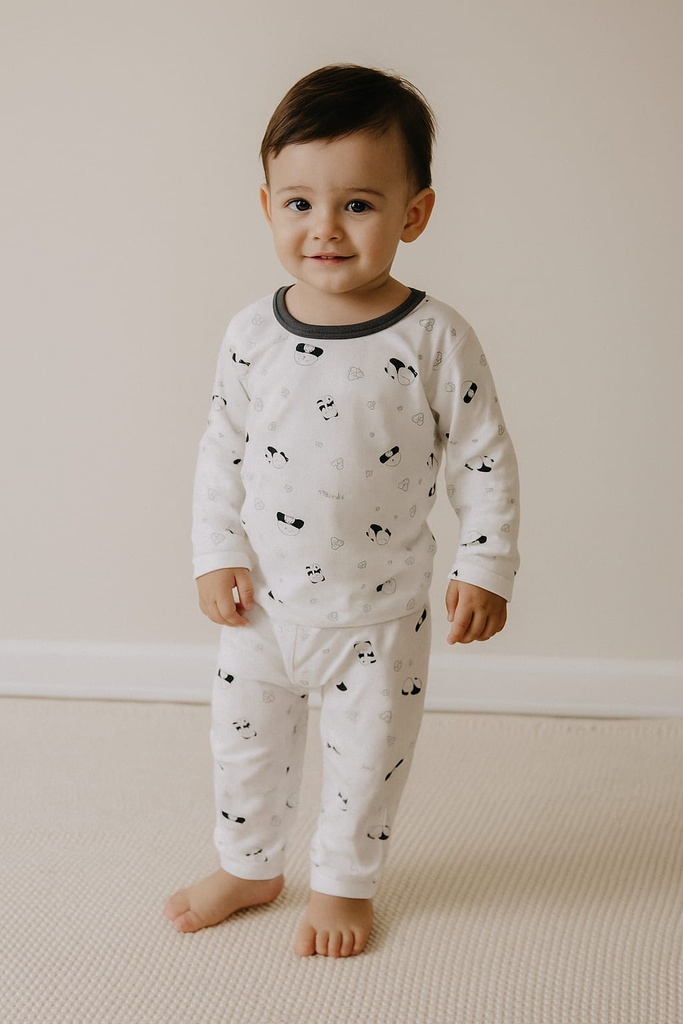 Pijama sueter y pantalon blanco estampado de oso panda