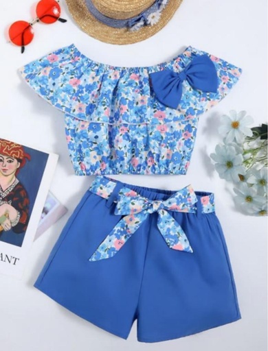 Conjunto short azul blusa flores azules