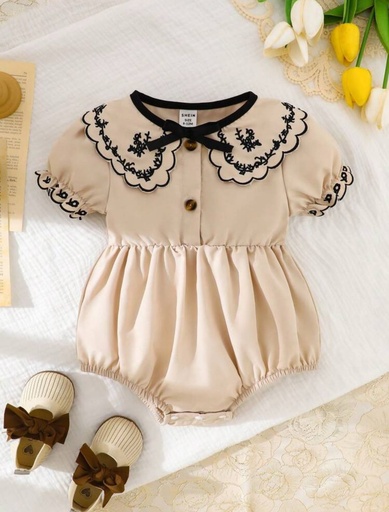  Pelele beige, manga corta con cuello, diseño de lazo bordados, conjunto adorable para verano