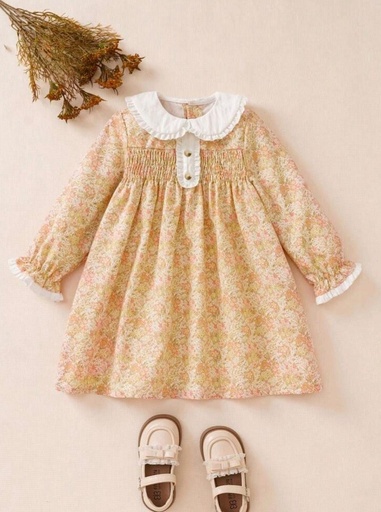 Vestido estilo francés, estampado floral pequeño, volantes en el cuello