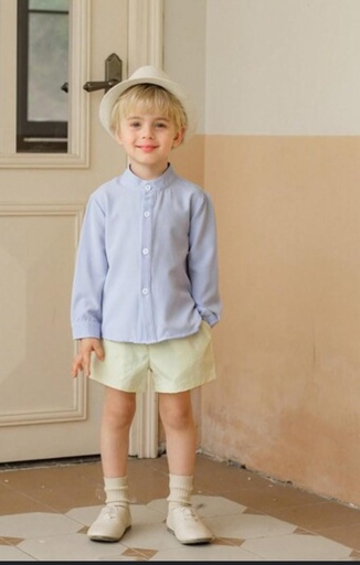 Set de 2 piezas: Camisa de manga larga con cuello mao y shorts, estilo retro francés con textura, para niños
