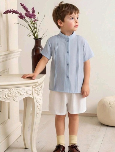  Set de 2 piezas, camisa manga corta con cuello mao y pantalones cortos de color azul claro sólido casual para niño joven