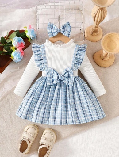 set de 2 piezas vestido azul a rayas y camisa manga larga blanca, diadema incluida. 
