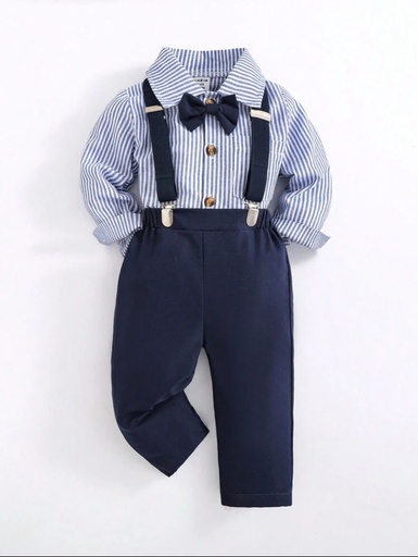  Set de 2 piezas de camisa de manga larga a rayas  y pantalones con tirantes ajustables para niños 