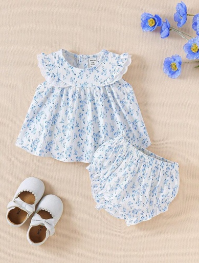  Conjunto de 2 piezas para bebé tela azul floral. 