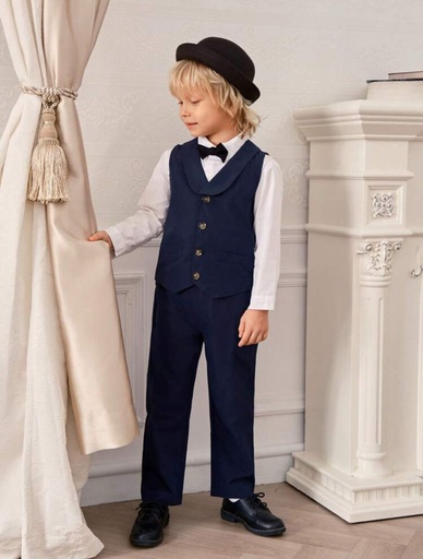 Conjunto 2 piezas de niño pequeño de caballero, incluye chaleco con cuello de traje y pantalones de traje, adecuado para toda ocasión