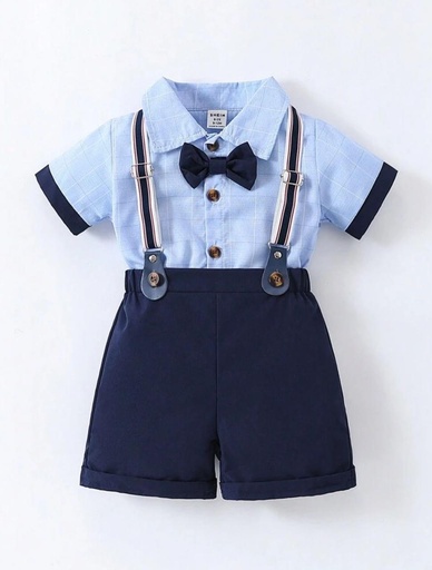 Conjunto de dos piezas de camisa de manga corta y pantalones cortos a rayas de moda para niños adecuado para fiestas de cumpleaños, cenas de noche