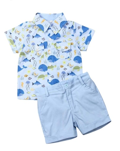 conjunto camisa de ballenas y tortugas y short celeste