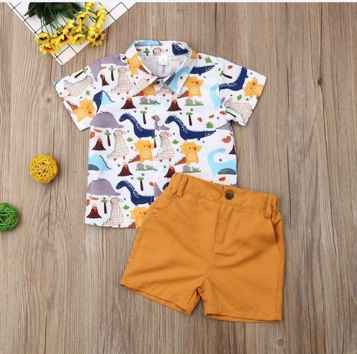 conjunto camisa de dinosaurios y short mostaza