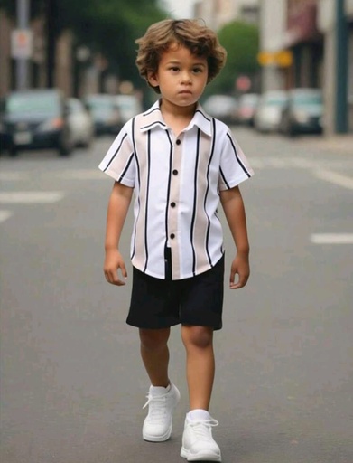 Conjunto camiseta blanca a rayas negras y nude y short negro
