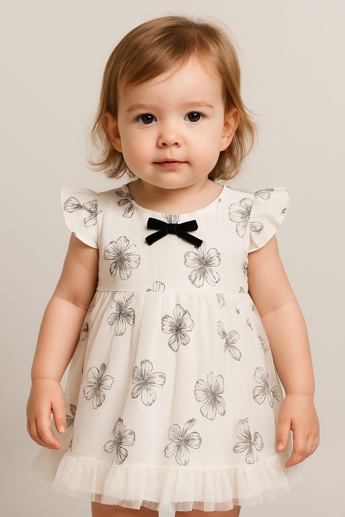 Vestido blanco pomposo estampado de flores negras