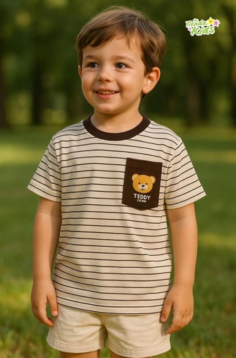 Camiseta beige con lineas cafe detalle de bolsa estampado de oso