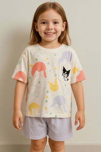 Pijama 2 piezas camiseta estampado de moños de colores y short morado