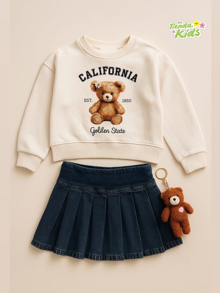 Set de 3 piezas niña sudadera cuello redondo estampado de oso, falda jean azul, llavero de oso