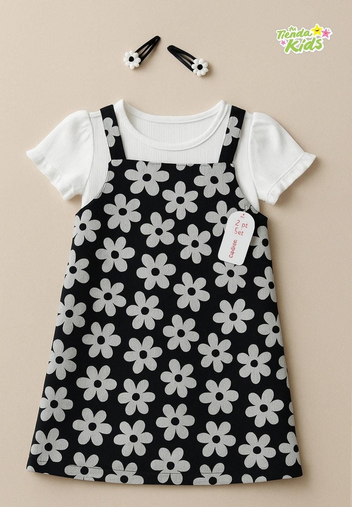 Set de 3 piezas blusa blanca, vestido negro estampado de flores blancas y set de ganchitos