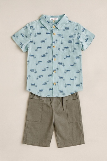 Set de 2 piezas Camiseta verde estampado de palmeras y short verde