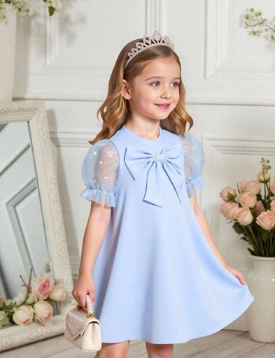 Vestido de Gala azul celeste, mangas de encaje azul celeste