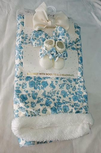 Set de regalo para bebe 4 piezas, manta estampado floral azul, y un par de calsetines, dos diademas tambien a juego