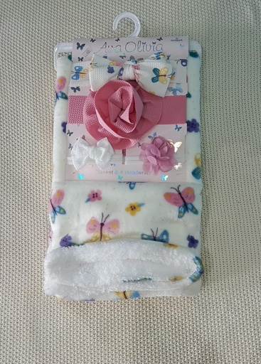 Set de regalo para bebe 4 piezas, manta estampado floral rosa, y un par de calsetines, dos diademas tambien a juego